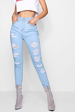 Boohoo High Rise Heavy Ripped Skinny Jeans