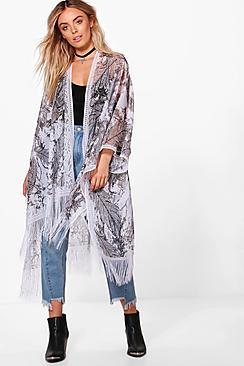 Boohoo Sofia Printed Tassle Woven Kimono