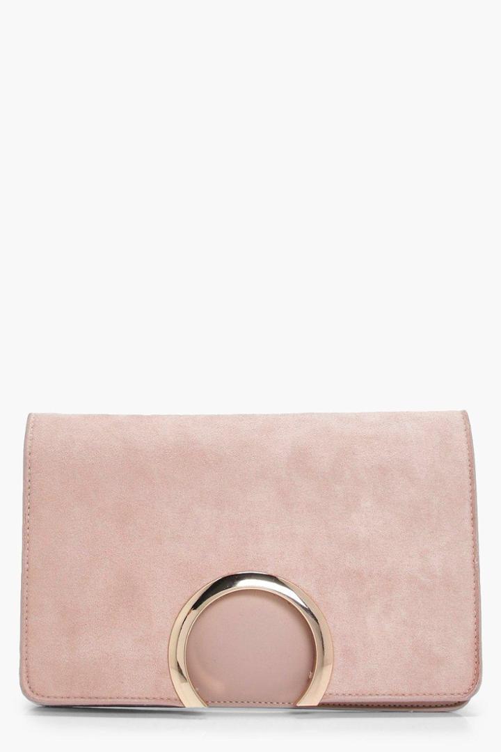 Boohoo Faye Metal Circle Suedette & Pu Mix Clutch Taupe
