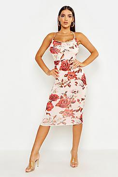 Boohoo Large Floral Cowl Neck Midi Dress