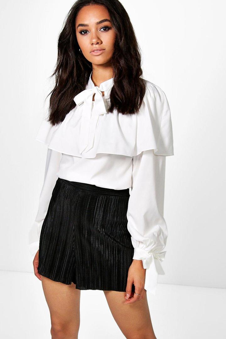 Boohoo Petite Melanie Tie Neck Ruffle Blouse White