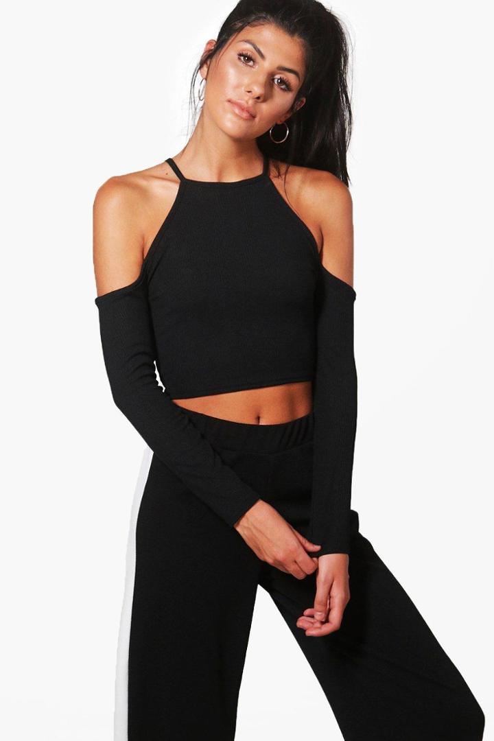 Boohoo Lily Ring Detail Cold Shoulder Rib Top Black