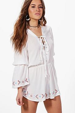 Boohoo Petite Petra Lace Up Detail Embroidered Playsuit