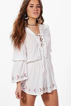 Boohoo Petite Petra Lace Up Detail Embroidered Playsuit