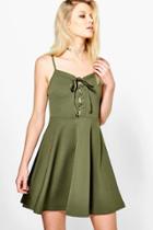 Boohoo Petite Amelia Lace Up Detail Skater Dress Khaki