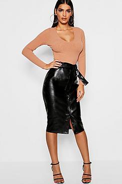 Boohoo Button Front Pu Midi Skirt