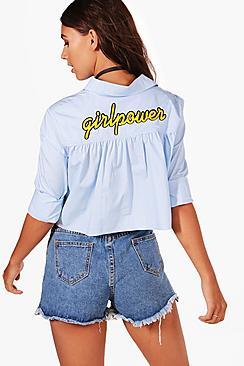 Boohoo Petite Vicky Tie Front Slogan Back Shirt