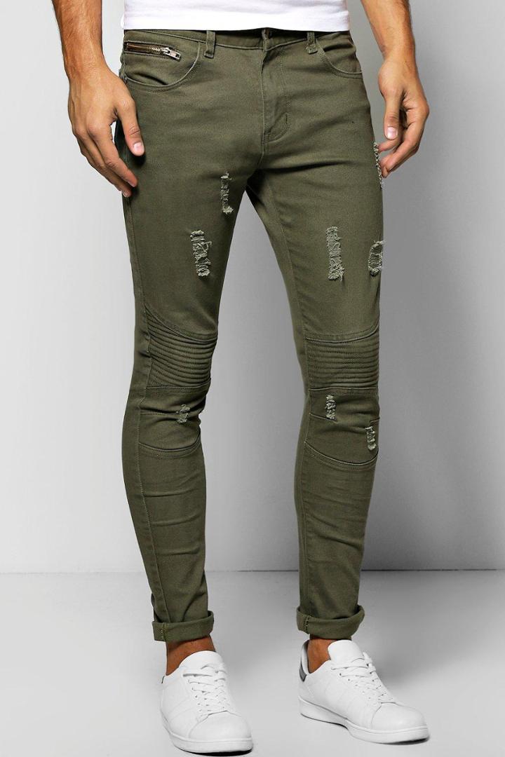 Boohoo Distressed Super Skinny Biker Jeans With Pocket Zip Khaki