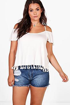 Boohoo Plus Elsa Tassel Open Shoulder Top