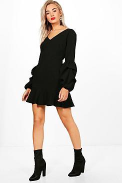 Boohoo Julia Gathered Sleeve Drop Hem Dress