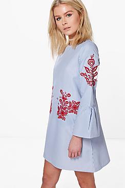 Boohoo Bella Stripe Embroidered Shift Dress