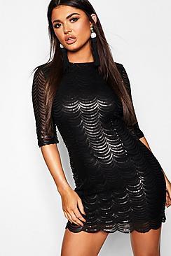 Boohoo Sequin Scallop 3/4 Sleeve Bodycon Dress
