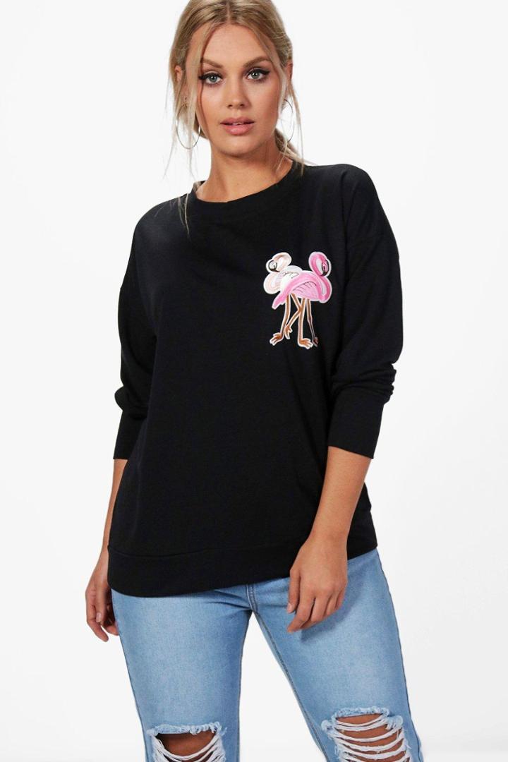 Boohoo Plus Alisa Flamingo Sweat Top Black