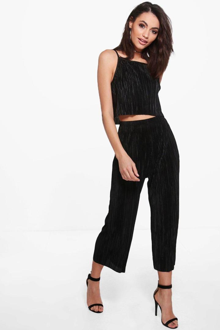 Boohoo Kayleigh Pleated Crop & Culotte Co-ord Set Black