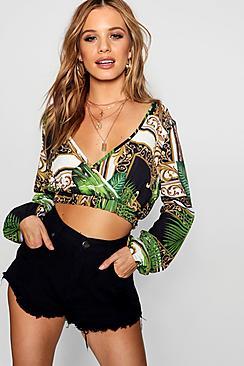 Boohoo Petite Annie Wrap Crop Print Blouse