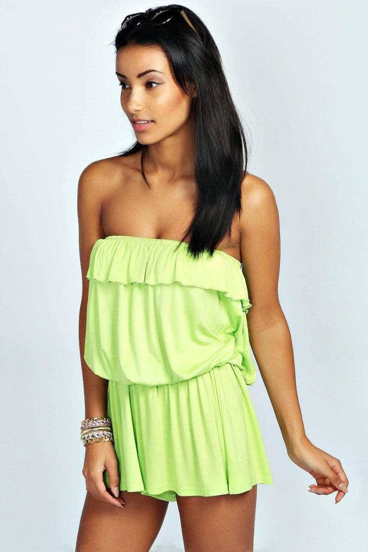 Boohoo Ida Bandeau Ruffle Jersey Playsuit Lime