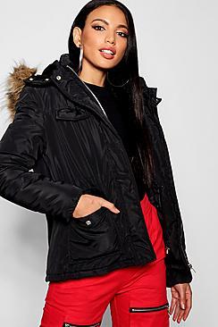 Boohoo Pocket Detail Faux Fur Trim Puffer Jacket