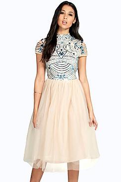 Boohoo Boutique Ely Embellished Top Tutu Skirt Skater Dress
