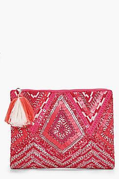 Boohoo Grace Pink Embellished Zip Top Clutch