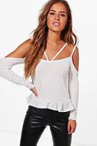 Boohoo Petite Hailey Premium Textured Slinky Frill Top