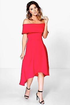 Boohoo Luana Off The Shoulder Dip Hem Skater Dress