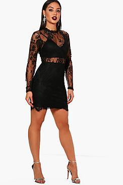 Boohoo Mallory Long Sleeve Lace Bodycon Dress