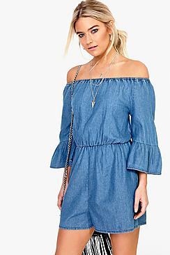 Boohoo Kellie Ruffle Off The Shoulder Denim Playsuit