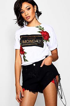 Boohoo Libby Embroidered Rose Raised Slogan Tee
