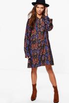 Boohoo Tall Ella Mixed Print Tie Neck Dress Multi