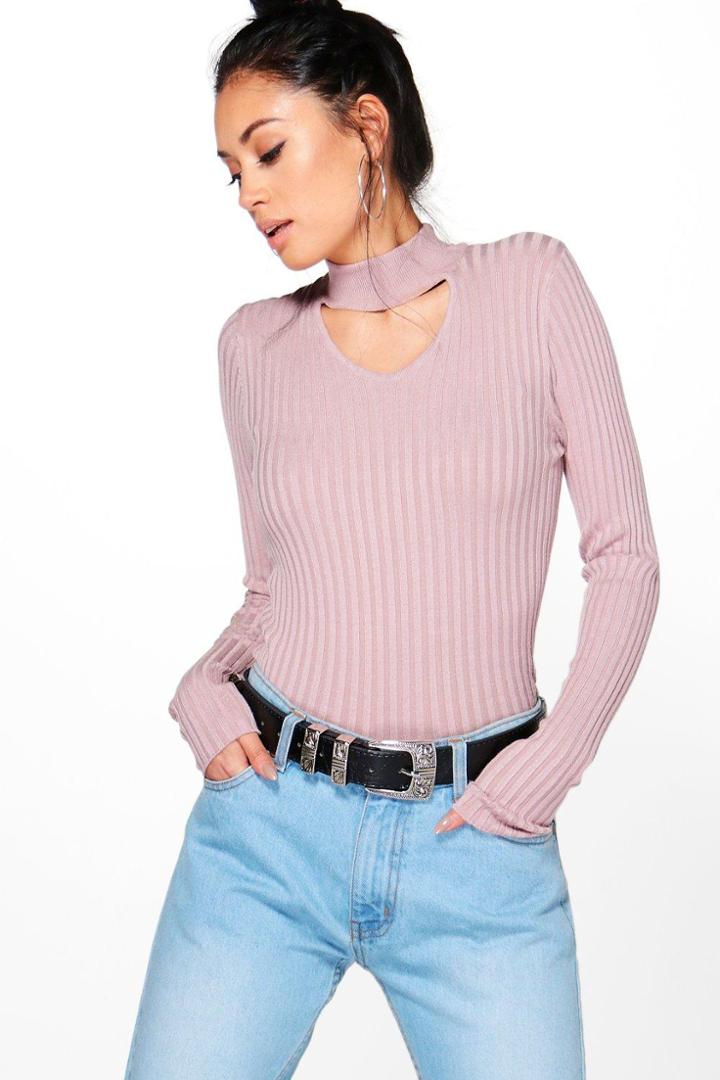 Boohoo Julia Fine Ribbed Choker V-neck Jumper Rose