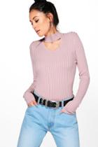 Boohoo Julia Fine Ribbed Choker V-neck Jumper Rose