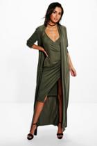 Boohoo Isla Texture Wrap Midi Dress Co-ord Khaki