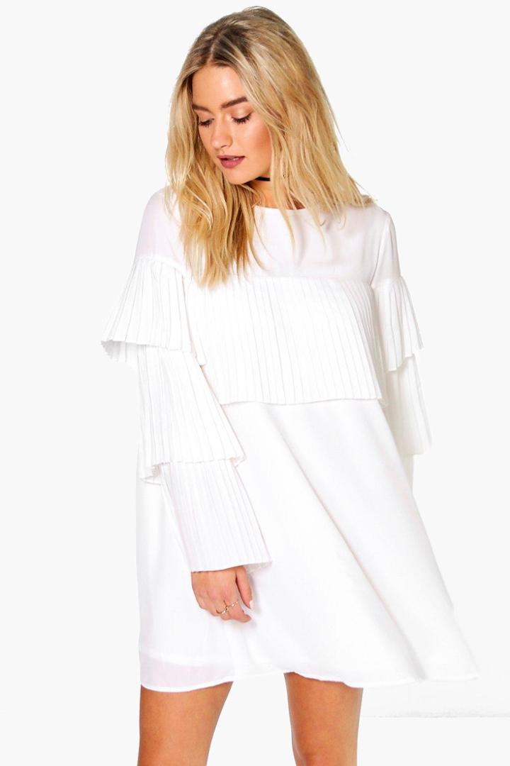 Boohoo Lara Pleated Frill Detail Shift Dress White