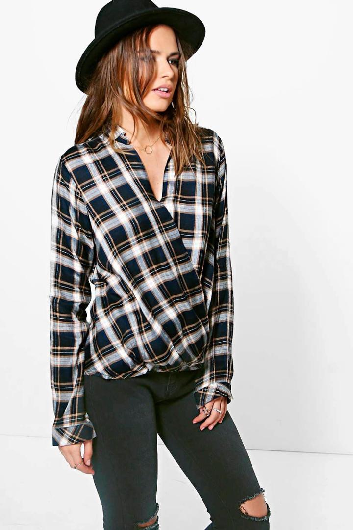 Boohoo Molly Checked Wrapover Shirt Navy