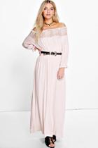 Boohoo Lola Lace Panelled Off The Shoulder Maxi Dress Nude