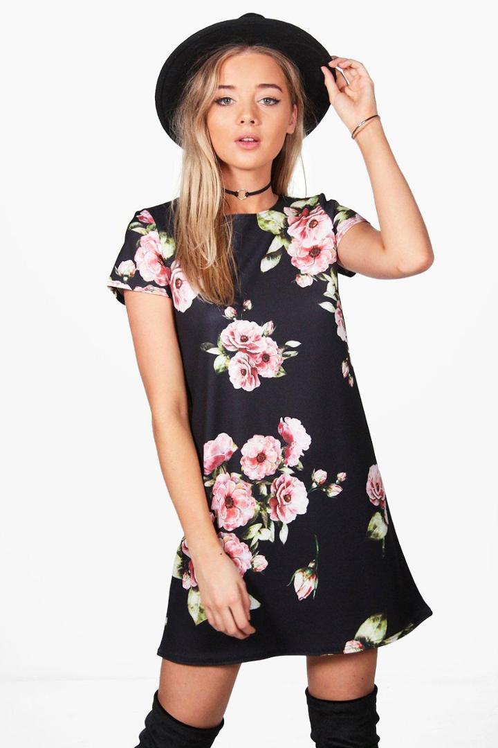 Boohoo Faith Floral Cap Sleeve Shift Dress Black