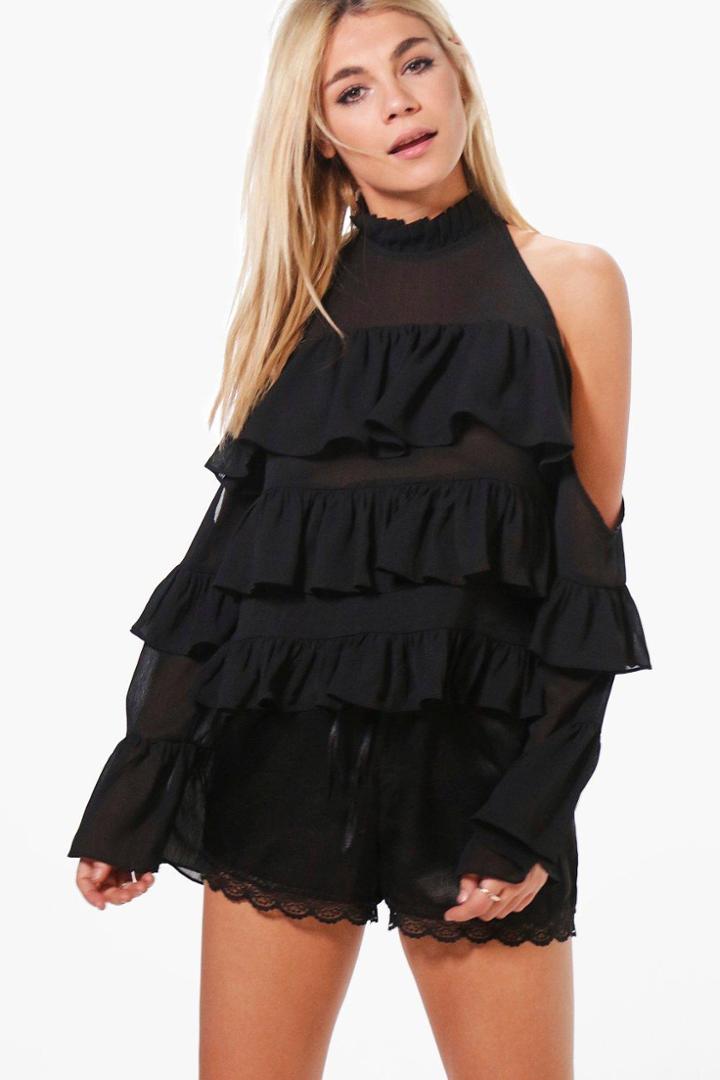 Boohoo Eleanor Ruffle Cold Shoulder Blouse Black