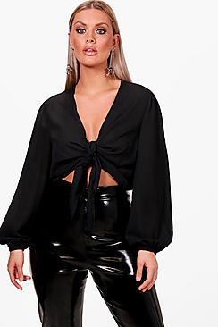 Boohoo Plus Carly Tie Front Woven Top