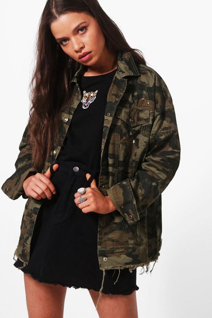 Boohoo Juliana Studded Fray Hem Camo Jean Jacket Camo