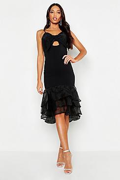 Boohoo Bow Detail Frill Hem Strappy Midi Dress