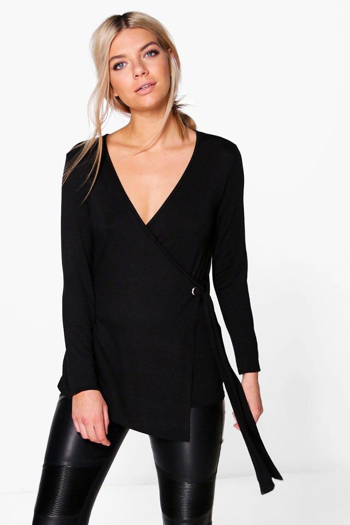 Boohoo Evaline Eyelet Detail Wrap Front Long Sleeve Top Black