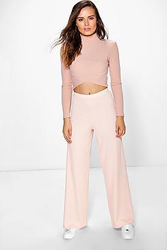 Boohoo Darcey Ribbed Wide Leg Trousers