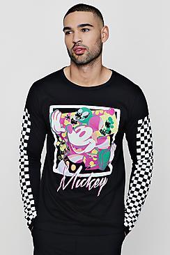 Boohoo Disney Long Sleeve Tee With Checkerboard Sleeves