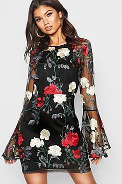 Boohoo Embroidered Flared Sleeve Bodycon Dress