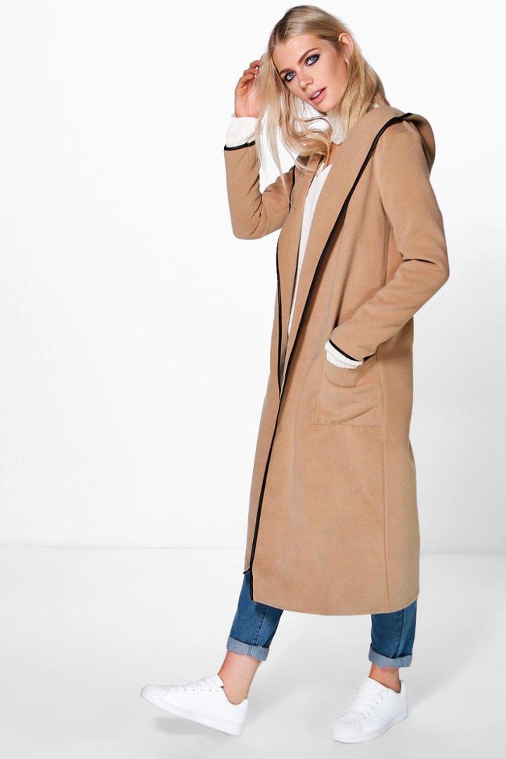 Boohoo Niamh Hooded Wool Look Coat With Pu Trim Camel