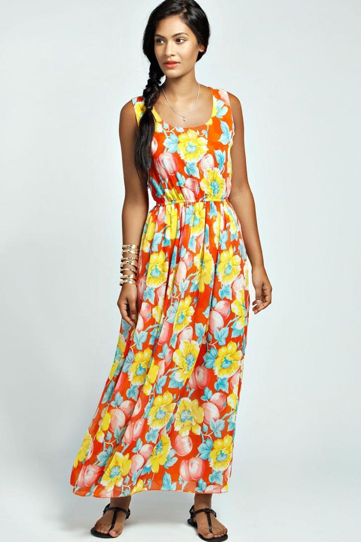 Boohoo Chloe Summer Floral Chiffon Maxi Dress - Orange