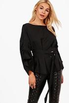 Boohoo Oversized Belted Blouson Sleeve Blouse