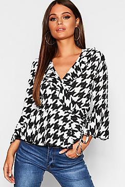 Boohoo Dogtooth Ruffle Wrap Top
