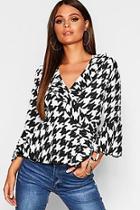 Boohoo Dogtooth Ruffle Wrap Top