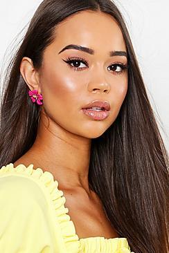 Boohoo Pink Flower Gold Contrast Stud Earrings
